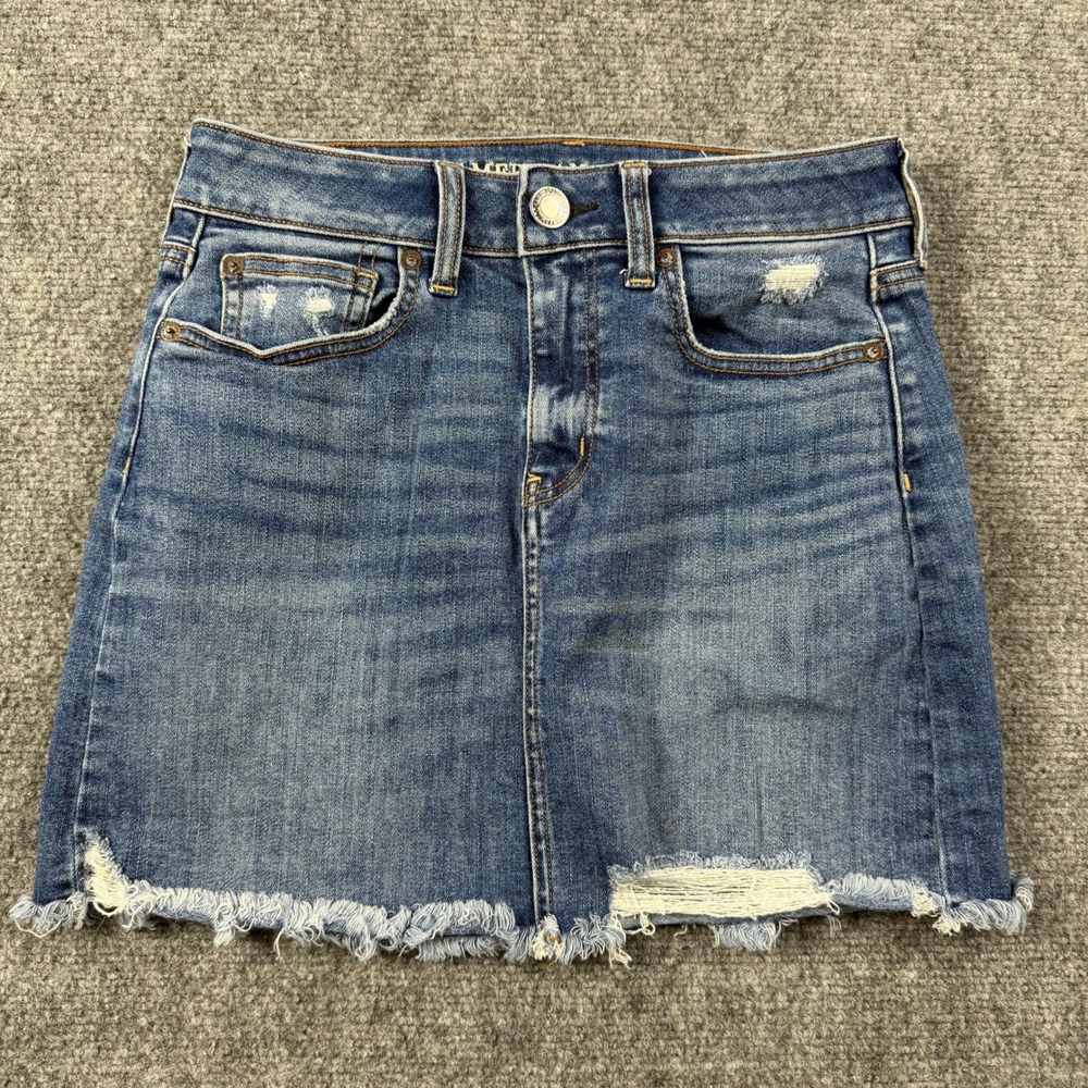 American Eagle Skirt Womens 4 Blue‎ Denim Mini Distressed Frayed Hem Casual